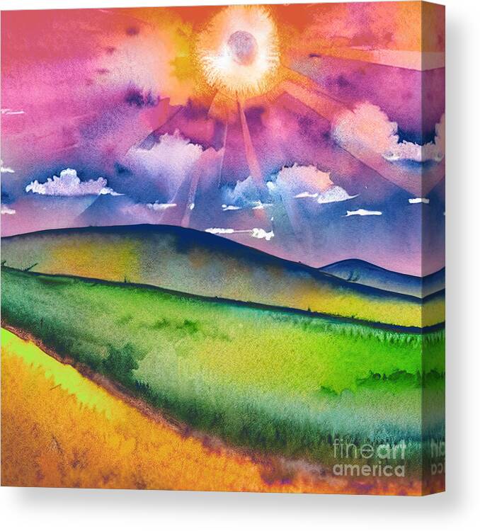 Mountain Canvas Print featuring the painting Watercolor illustrated landscape, colorful, cheerful, sunrise, big clouds, bright meadow, abstract by Mounir Khalfouf