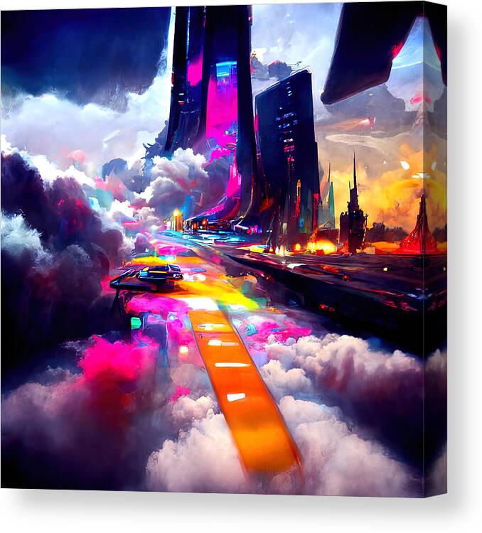 Cyberpunk Canvas Print featuring the painting Welcome to Cloud City, 03 by AM FineArtPrints