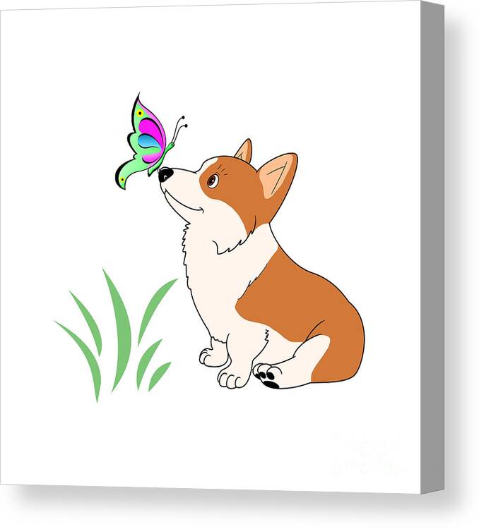 Welsh Corgi Canvas Print featuring the digital art Welsh Corgi with Butterfly by Kathy Kelly