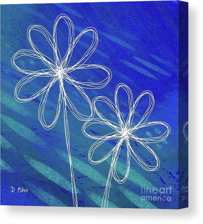 Retro Flowers Canvas Print featuring the mixed media White Abstract Flowers on Blue and Green by Donna Mibus