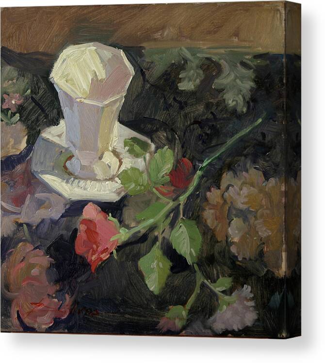 Floral Painting Canvas Print featuring the painting White Porcelain and Roses by Elizabeth - Betty Jean Billups
