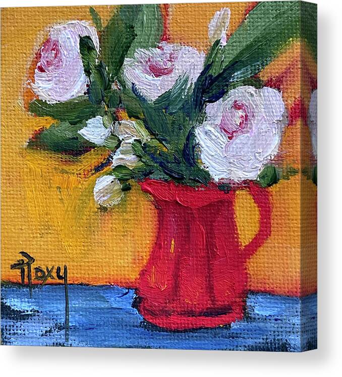 Southwestern Canvas Print featuring the painting White Roses in a Red Pitcher by Roxy Rich