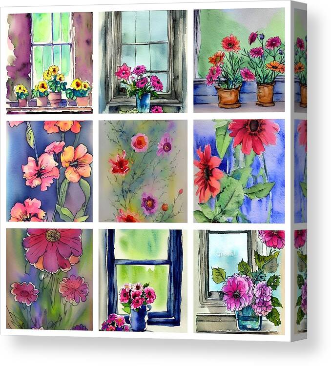 Windowsill Canvas Print featuring the mixed media Windowviews by Bonnie Bruno
