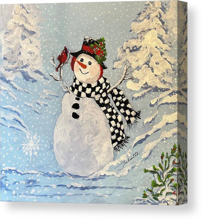 Snowman Canvas Print featuring the painting Winter Wonderland by Juliette Becker