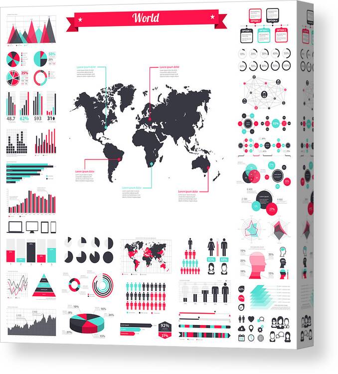 Continent Canvas Print featuring the drawing World map with infographic elements - Big creative graphic set by Bgblue