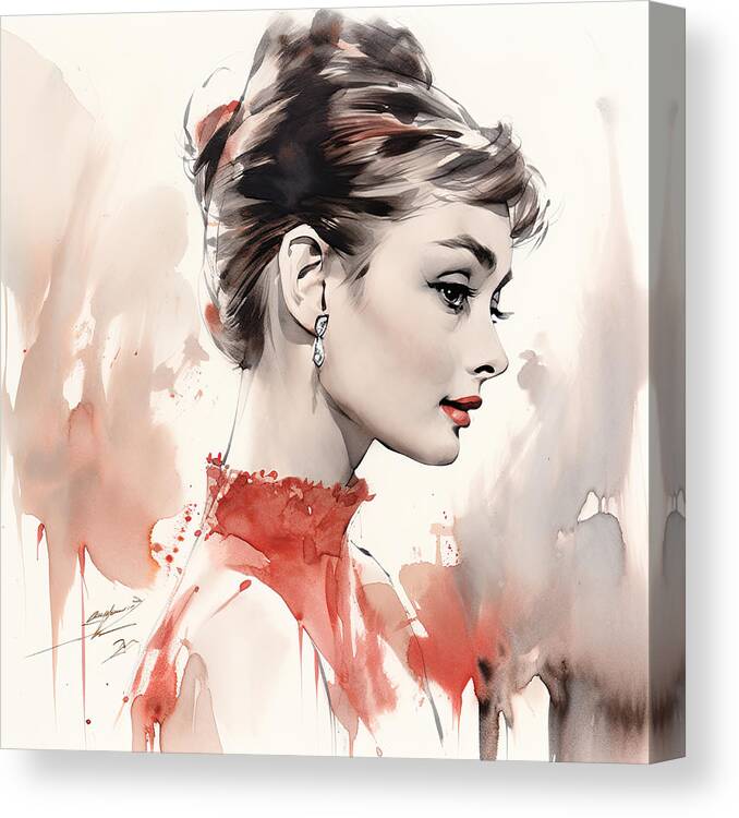 Audrey Hepburn Canvas Print featuring the painting Young beautiful Audrey by My Head Cinema