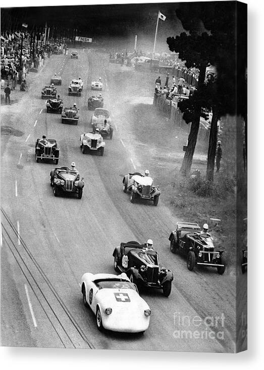 Finish Line Canvas Print featuring the photograph Pebble Beach California Sports Car Races Auto Road Race April 11 1954 by Monterey County Historical Society