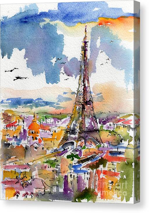Paris Canvas Print featuring the painting Under Paris Skies Eiffel Tower by Ginette Callaway