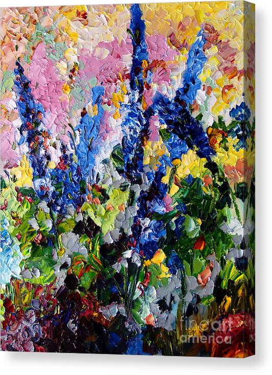 Flowers Canvas Print featuring the painting Blue Delphiniums Impressionist Oil Painting by Ginette Callaway