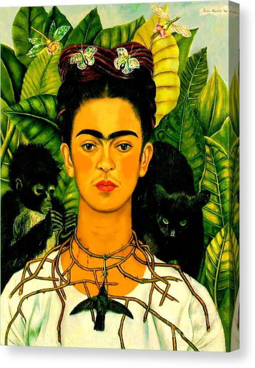 Frida Paintings Canvas Print featuring the painting Frida Kahlo Self Portrait With Thorn Necklace and Hummingbird by Roberto Prusso