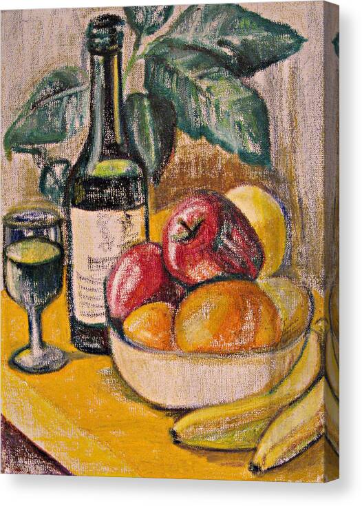 Yellow Green Still Life Fruit Wine Canvas Prints Artwork Craypas Pastels Canvas Print featuring the painting Oil Pastel with Wine and fruit by Beverly Trivane