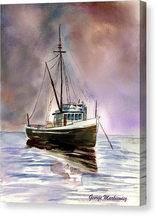 Ocean Boat Canvas Print featuring the print Ship stormy weather by George Markiewicz