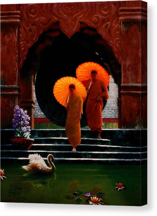 Oriental Canvas Print featuring the painting Tangerine Parasols by Stephen Lucas