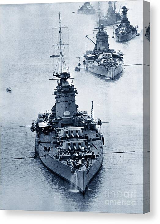 Hms Nelson Canvas Print featuring the photograph HMS Nelson and HMS Rodney Battleships and battlecruisers HMS Hood circa 1941 by Monterey County Historical Society