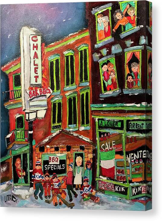 Chalet B B Q Sherbrooke Canvas Print featuring the painting Chalet Busy Sidewalk N D G by Michael Litvack