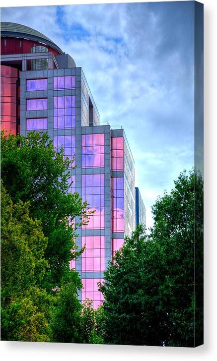 Downtown Canvas Print featuring the photograph Downtown Reflections 17341 by Jerry Sodorff