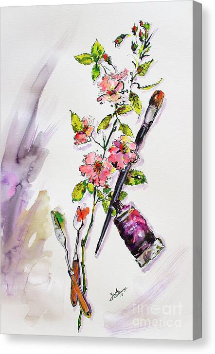 Still Life Canvas Print featuring the painting Still Life with Roses and Artist Tools by Ginette Callaway