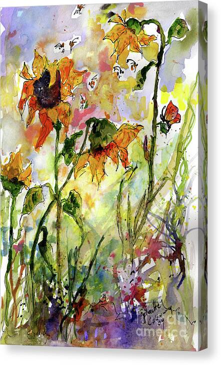 Sunflowers Canvas Print featuring the painting Sunflowers and Bees Garden by Ginette Callaway
