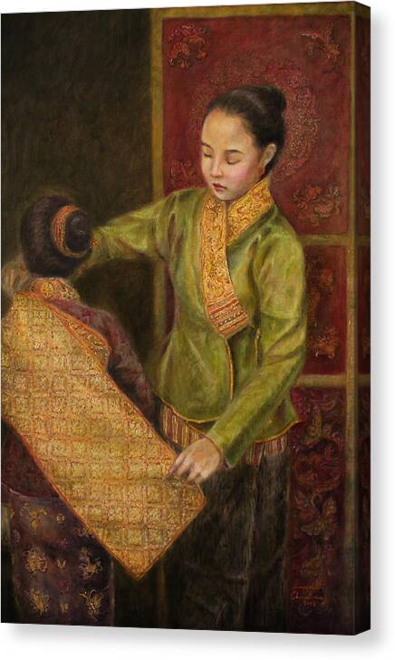 Lao Textile Canvas Print featuring the painting The Gold Brocade by Sompaseuth Chounlamany