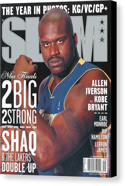 Shaquille O'neal Canvas Print featuring the photograph 2 Big - 2 Strong: Shaq & The Lakers Double Up SLAM Cover by Getty Images