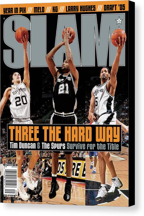 Tim Duncan Canvas Print featuring the photograph Three the Hard Way: Tim Duncan & The Spurs Survive for the Title SLAM Cover by Getty Images
