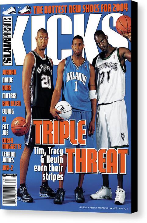 Tim Duncan Canvas Print featuring the photograph Triple Threat: Tim, Tracy & Kevin Earn Their Stripes SLAM Cover by Atiba Jefferson