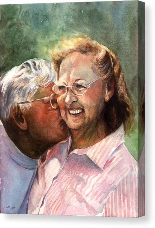 Watercolor Portrait Of Two Seniors Kissing Canvas Print featuring the painting The Kiss by Terri Meyer