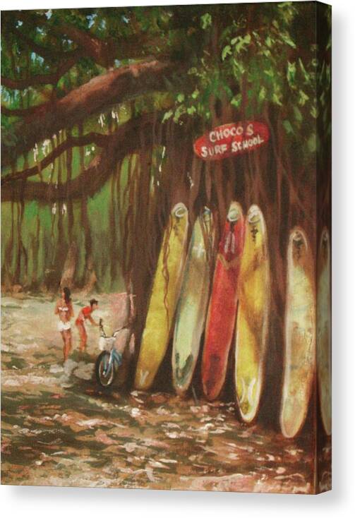 Beach Scene Canvas Print featuring the painting Choco's Surf School by Tom Shropshire