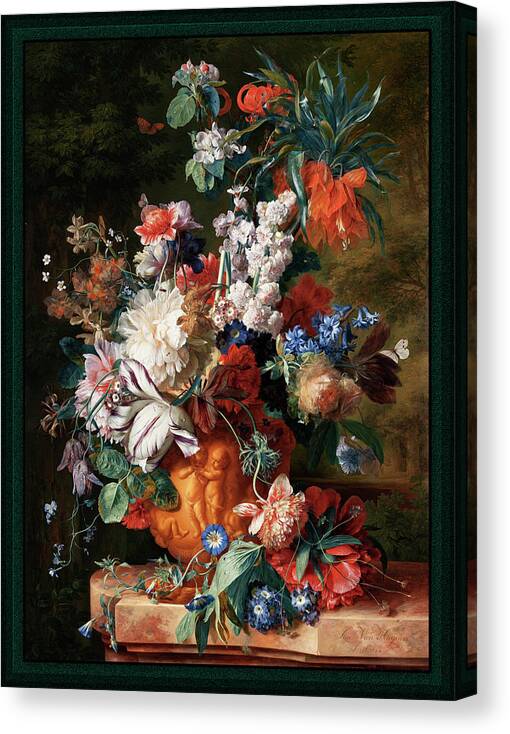 Bouquet Of Flowers In An Urn Canvas Print featuring the painting Bouquet Of Flowers In An Urn by Jan van Huysum by Rolando Burbon