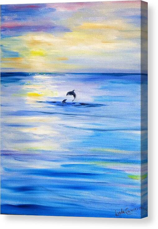 Dolphin Canvas Print featuring the painting Dolphins at Play by Linda Cabrera