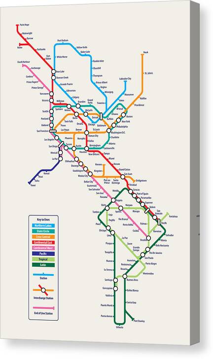 World Map Canvas Print featuring the digital art Americas Metro Map by Michael Tompsett