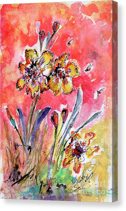 Flowers Canvas Print featuring the painting Fancy Irises Flower Watercolor by Ginette Callaway