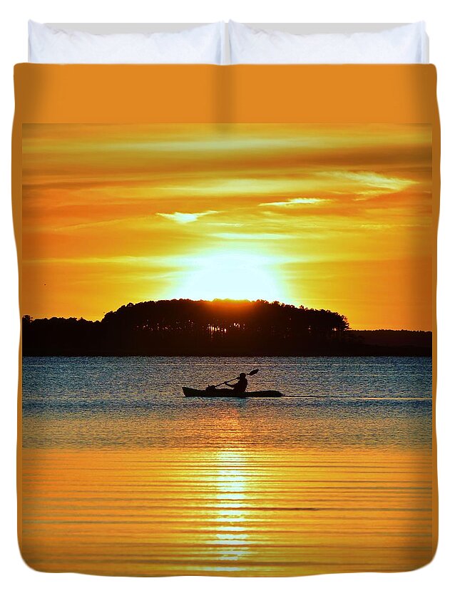 Kayak Duvet Cover featuring the photograph A Reason to Kayak - Summer Sunset by Billy Beck