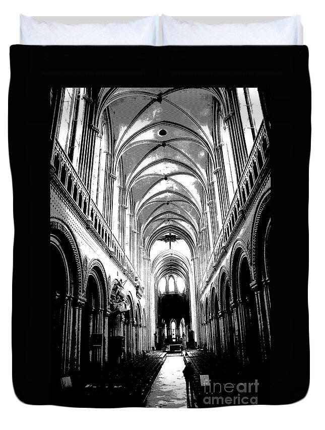 Bayeaux Cathedral Duvet Cover featuring the photograph Bayeaux Cathedral Interior BW by Jacqueline M Lewis