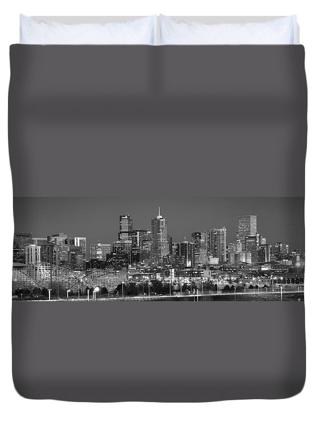 Denver Skyline Duvet Cover featuring the photograph Denver Skyline at Dusk Black and White BW Evening Extra Wide Panorama Broncos by Jon Holiday