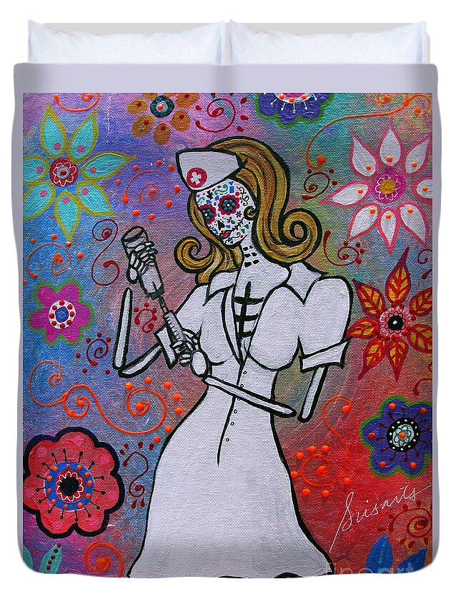 Nurse Duvet Cover featuring the painting Dia De Los Muertos Nurse by Pristine Cartera Turkus