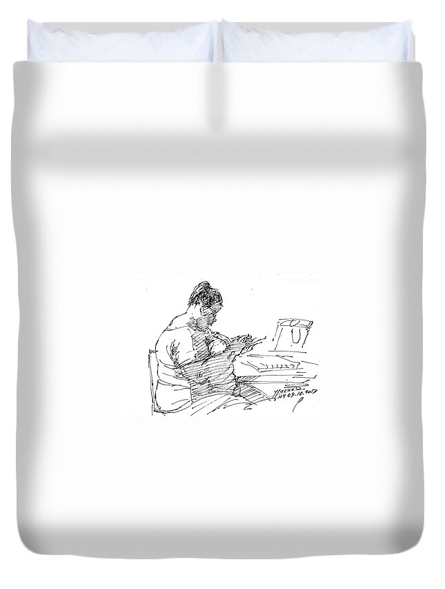 Heavy Lady Duvet Cover featuring the drawing Lady On Smartphone by Ylli Haruni
