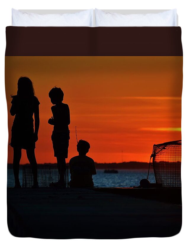 Beach Bum Pics Duvet Cover featuring the photograph Perfect Ending - 3 friends on a pier as the hot summer sun sets on the Indian River Bay by Billy Beck