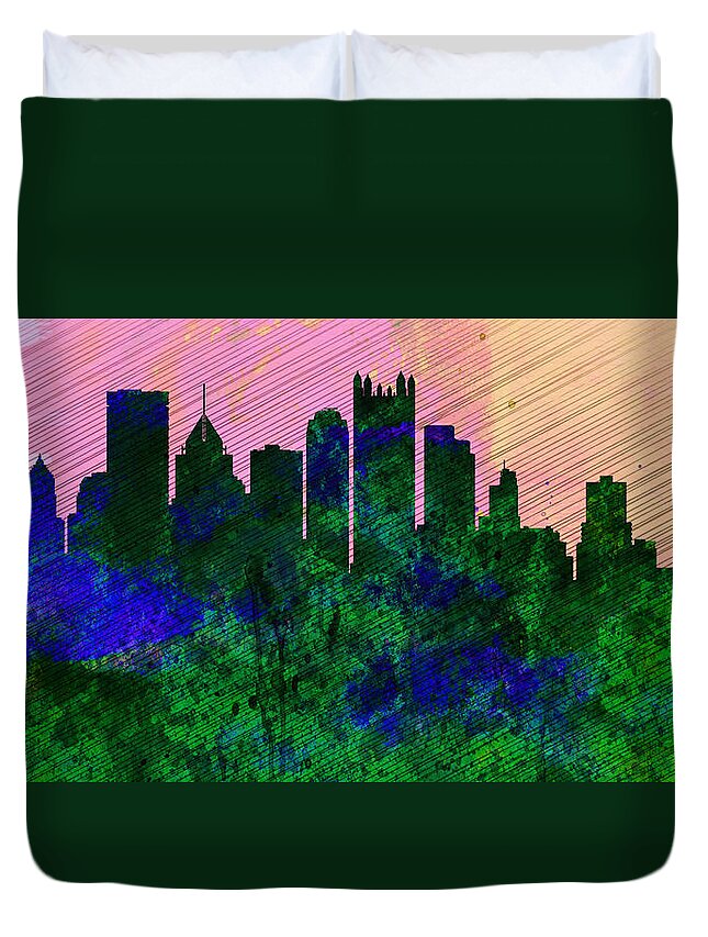 Pittsburgh Duvet Cover featuring the painting Pittsburgh City Skyline by Naxart Studio
