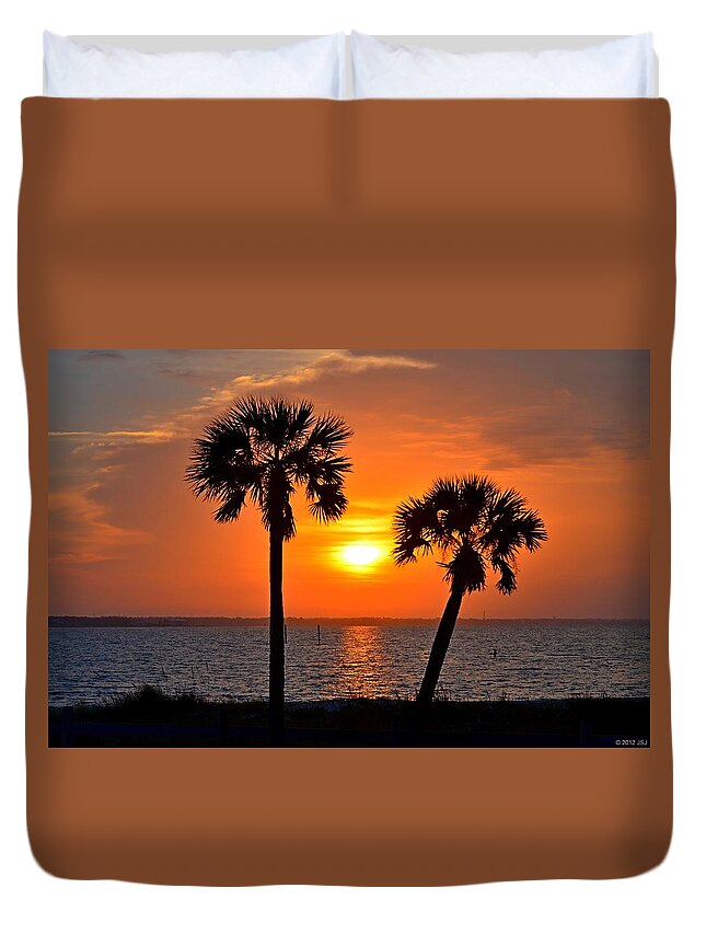 20120602 Duvet Cover featuring the photograph 0602 Pair of Palms at Sunrise by Jeff at JSJ Photography
