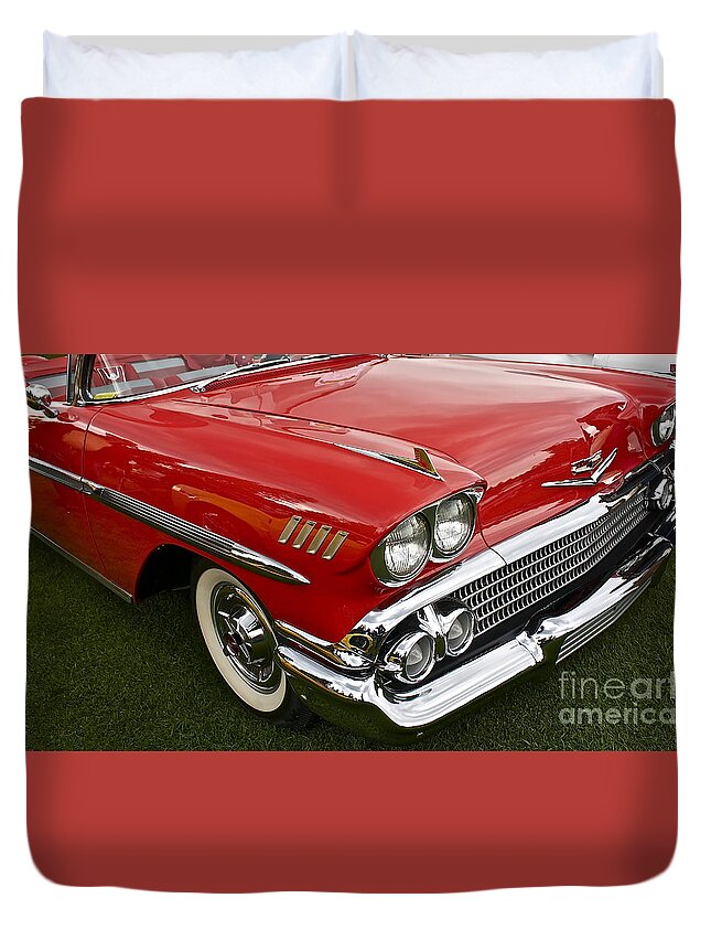 Car Duvet Cover featuring the photograph 1958 Chevy Impala by Linda Bianic