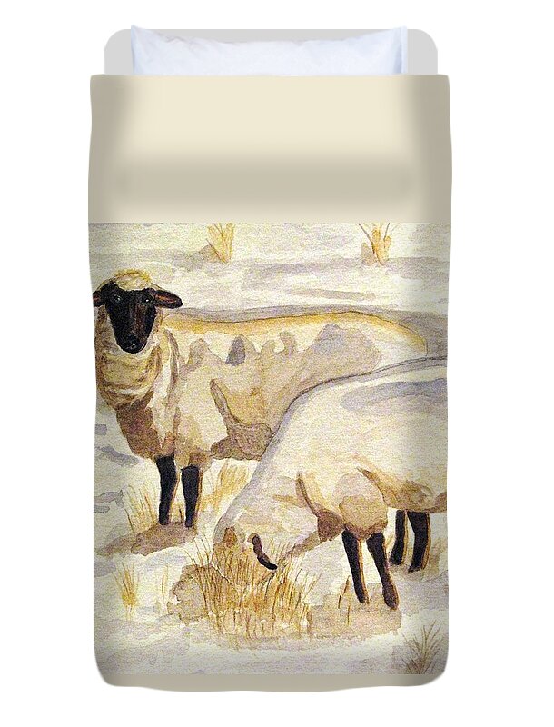 Ewes Duvet Cover featuring the painting A Peaceful Winter by Angela Davies