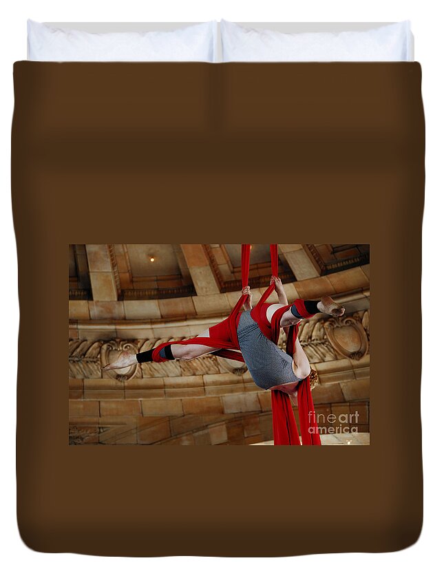 50 States In 50 Days Duvet Cover featuring the photograph Aerial Ribbon Performer at Pennsylvanian Grand Rotunda #1 by Amy Cicconi
