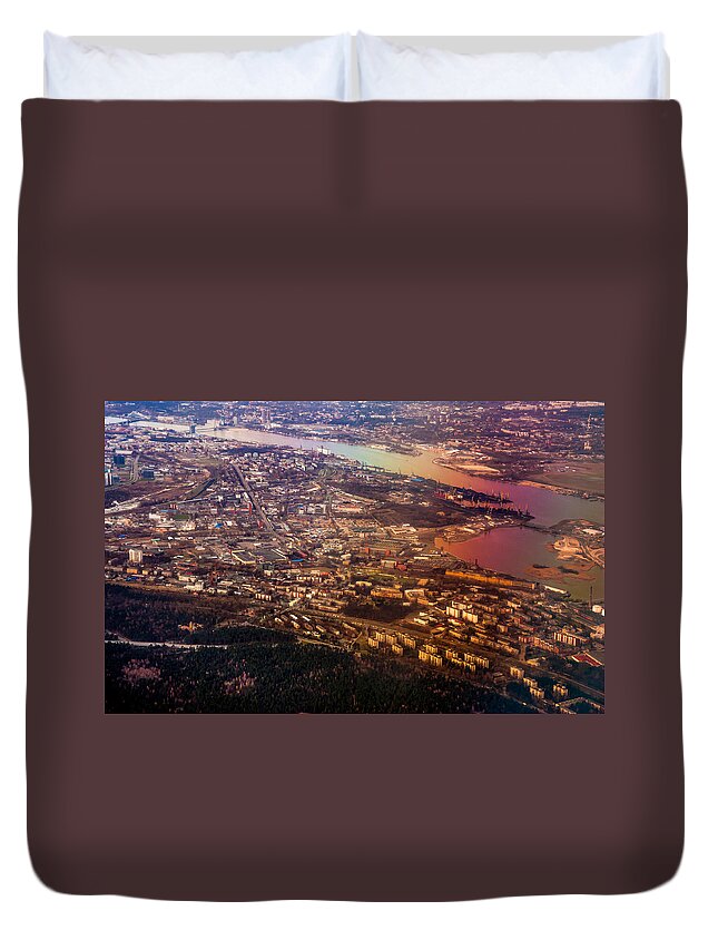 Aerial Duvet Cover featuring the photograph Aerial View of Riga. Latvia. Rainbow Earth #1 by Jenny Rainbow