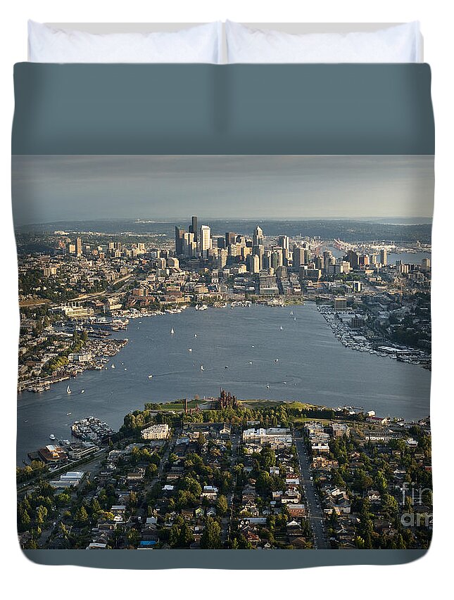 Elliott Bay Duvet Cover featuring the photograph Aerial view of Seattle #1 by Jim Corwin