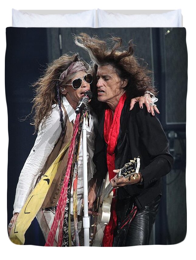Joe Perry Duvet Cover featuring the photograph Aerosmith - Steven Tyler and Joe Perry by Concert Photos