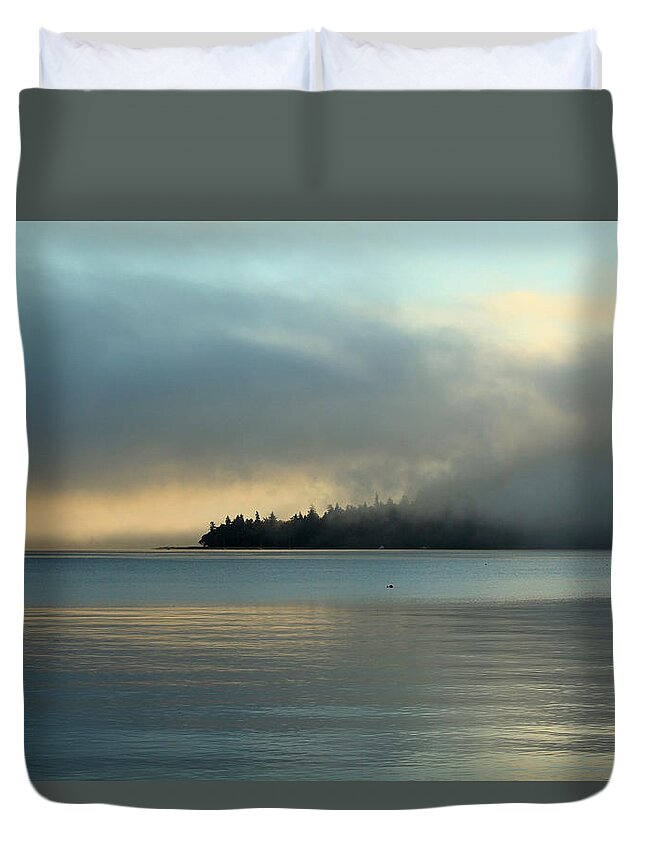 Sunrise Duvet Cover featuring the photograph An Island in Fog by E Faithe Lester
