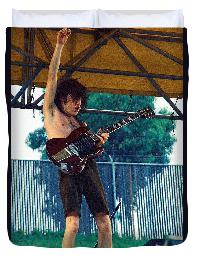 Angus Young Duvet Cover featuring the photograph Angus Young of A C D C at Day on the Green Monsters of Rock - July 1979 by Daniel Larsen