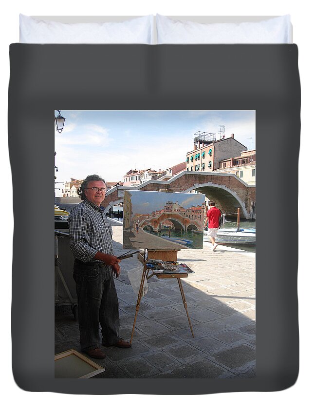 Ylli Haruni Duvet Cover featuring the photograph Artist at Work Venice by Ylli Haruni