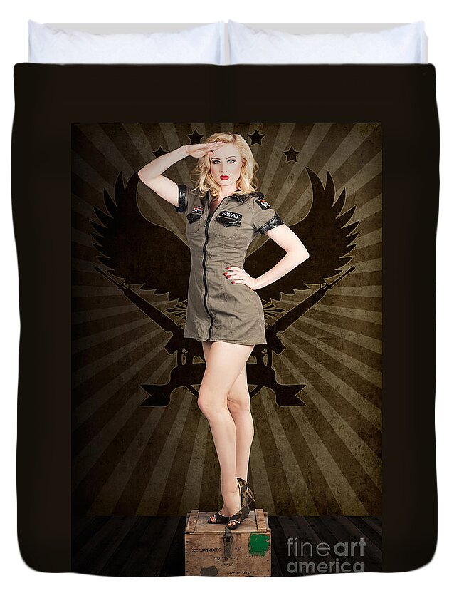 Army Duvet Cover featuring the photograph Attractive blond pin-up army girl. Military salute by Jorgo Photography